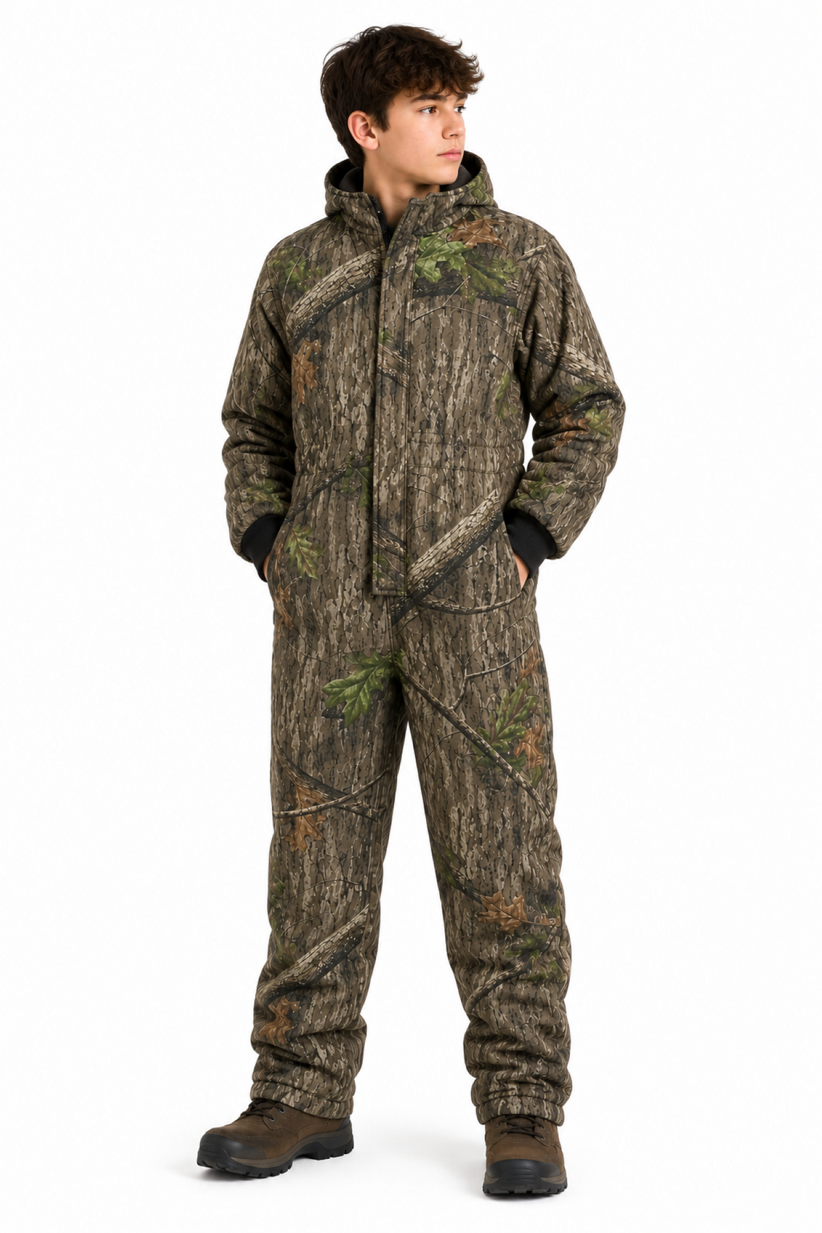 Kids Insulated Mossy Oak / Duck Brown Canvas Work Coveralls for Outdoor Winter