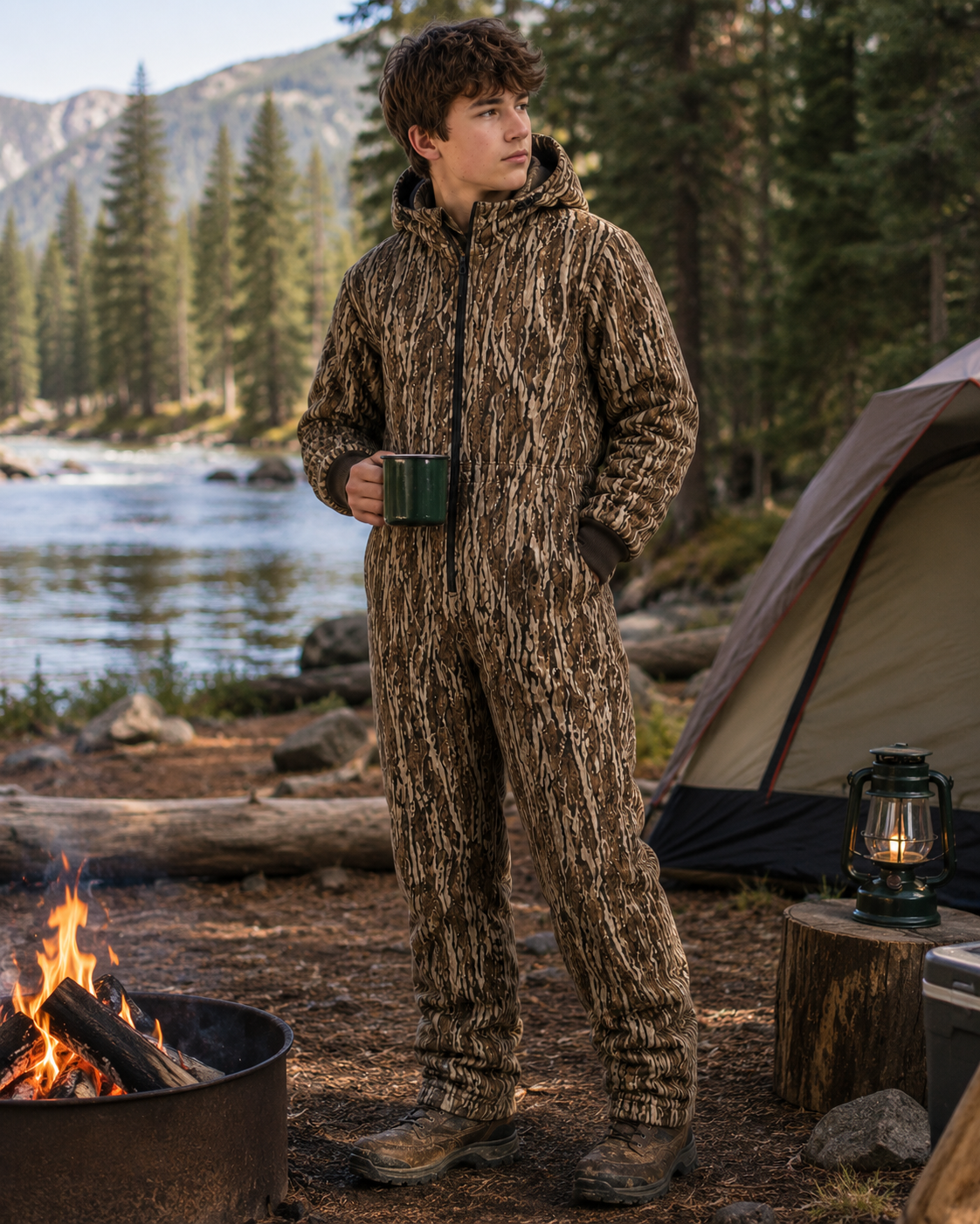 Kids Insulated Mossy Oak / Duck Brown Canvas Work Coveralls for Outdoor Winter