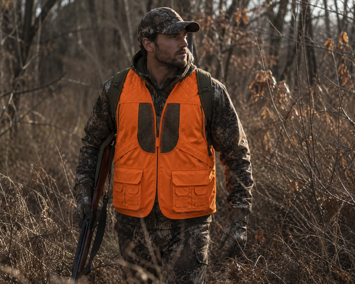 TrailCrest by Treel Mens Upland Safety Deluxe Blaze Orange Safety Front Loader High VisibilityVest - Deer Hunting Construction Engineers