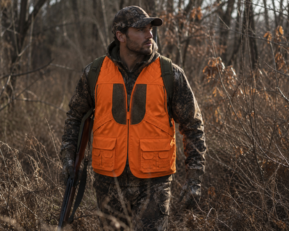 TrailCrest by Treel Mens Upland Safety Deluxe Blaze Orange Safety Front Loader High VisibilityVest - Deer Hunting Construction Engineers