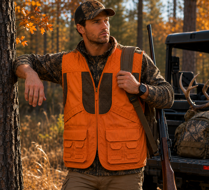 TrailCrest by Treel Mens Upland Safety Deluxe Blaze Orange Safety Front Loader High VisibilityVest - Deer Hunting Construction Engineers