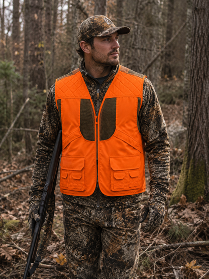TrailCrest by Treel Mens Upland Safety Deluxe Blaze Orange Safety Front Loader High VisibilityVest - Deer Hunting Construction Engineers