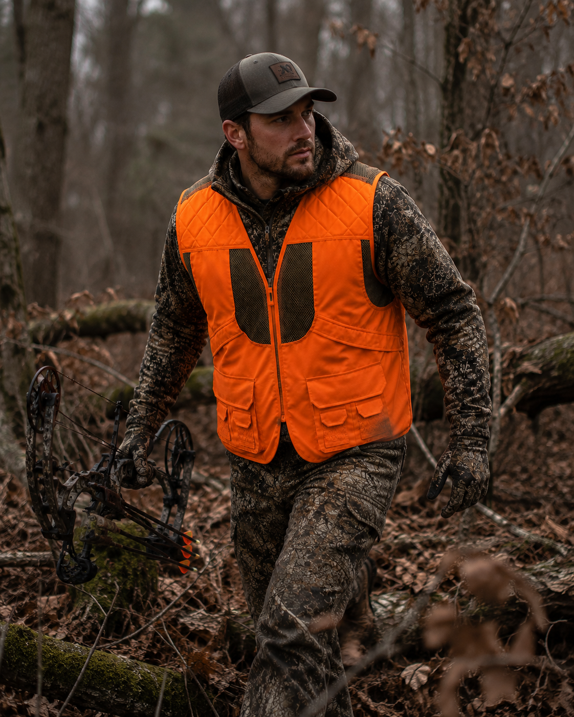TrailCrest by Treel Mens Upland Safety Deluxe Blaze Orange Safety Front Loader High VisibilityVest - Deer Hunting Construction Engineers