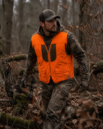 TrailCrest by Treel Mens Upland Safety Deluxe Blaze Orange Safety Front Loader High VisibilityVest - Deer Hunting Construction Engineers