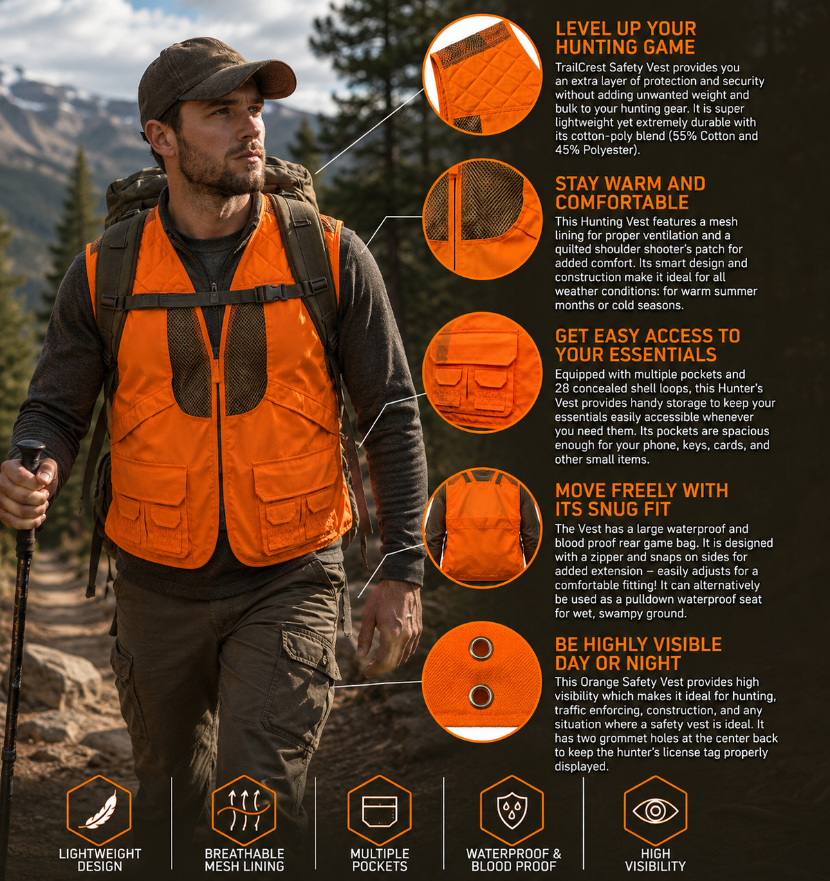 TrailCrest by Treel Mens Upland Safety Deluxe Blaze Orange Safety Front Loader High VisibilityVest - Deer Hunting Construction Engineers