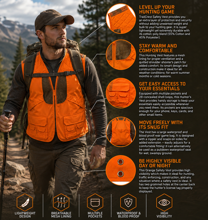 TrailCrest by Treel Mens Upland Safety Deluxe Blaze Orange Safety Front Loader High VisibilityVest - Deer Hunting Construction Engineers