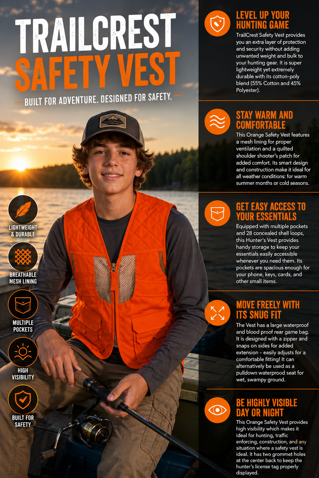TrailCrest by Treel Kid's Upland Delue Blaze Orange Safety Front Loader High Visibility Vest