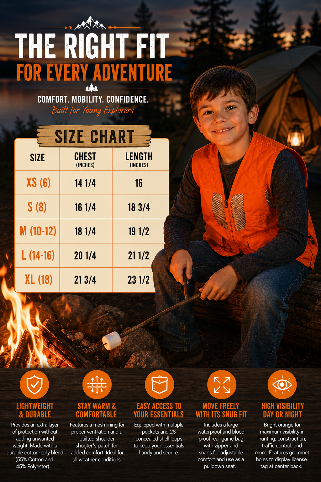 TrailCrest by Treel Kid's Upland Delue Blaze Orange Safety Front Loader High Visibility Vest