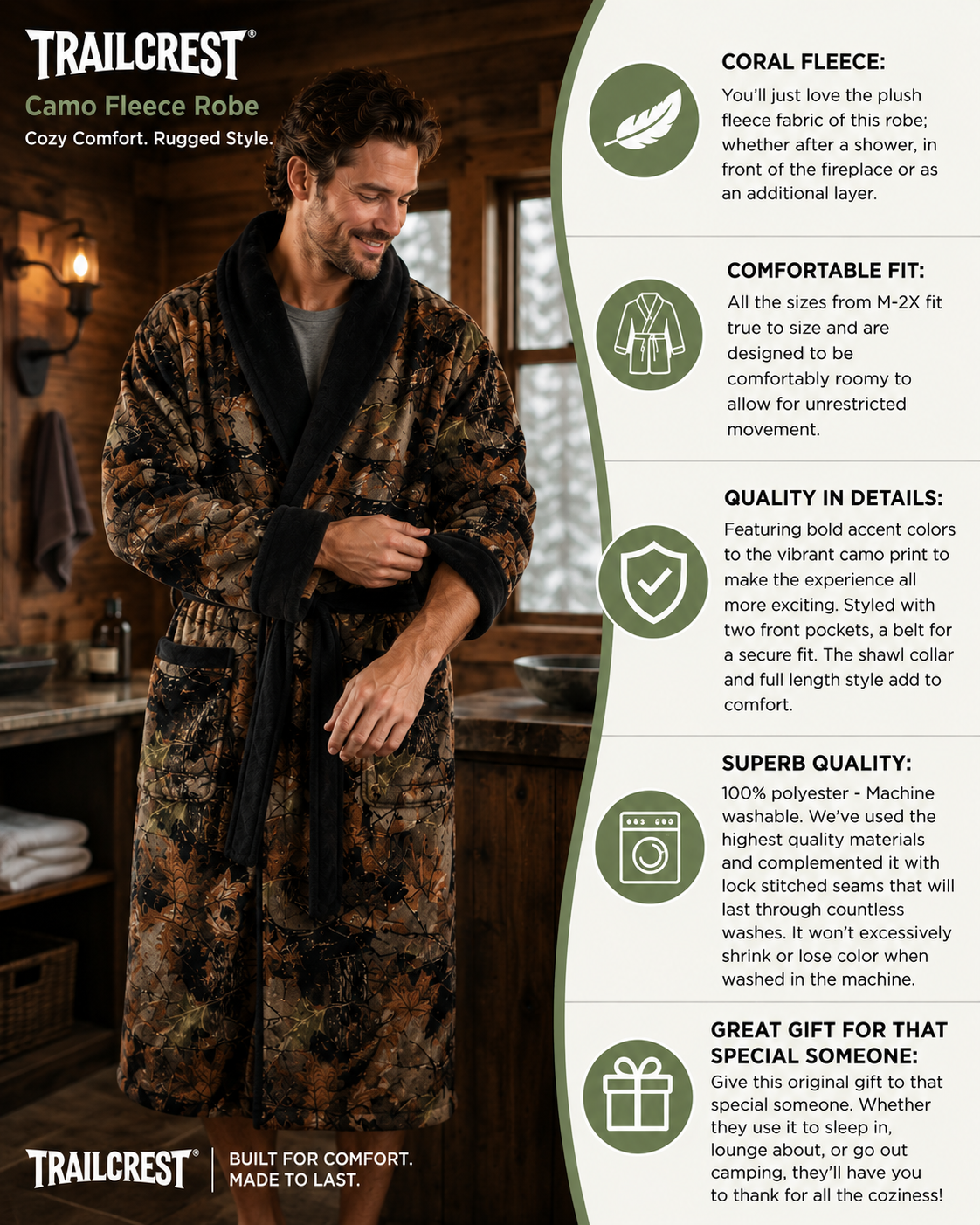 TrailCrest by Treel Men's Camo Polar Fleece Plush Bathrobe - with Shawl Collar