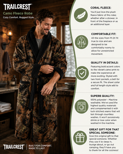 TrailCrest by Treel Men's Camo Polar Fleece Plush Bathrobe - with Shawl Collar