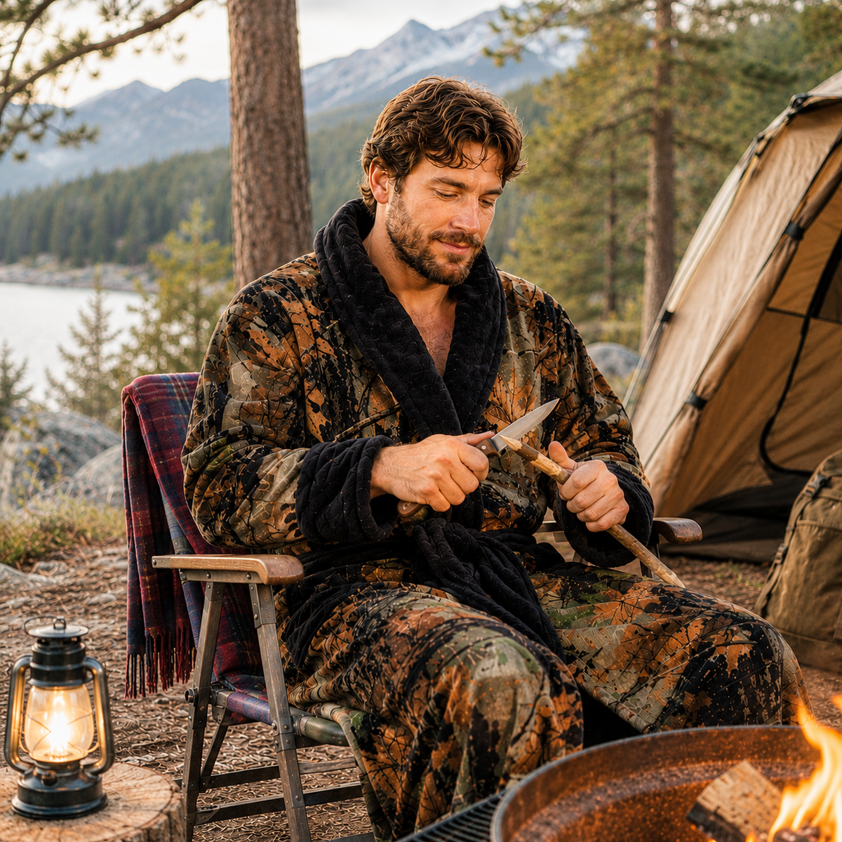 TrailCrest by Treel Men's Camo Polar Fleece Plush Bathrobe - with Shawl Collar