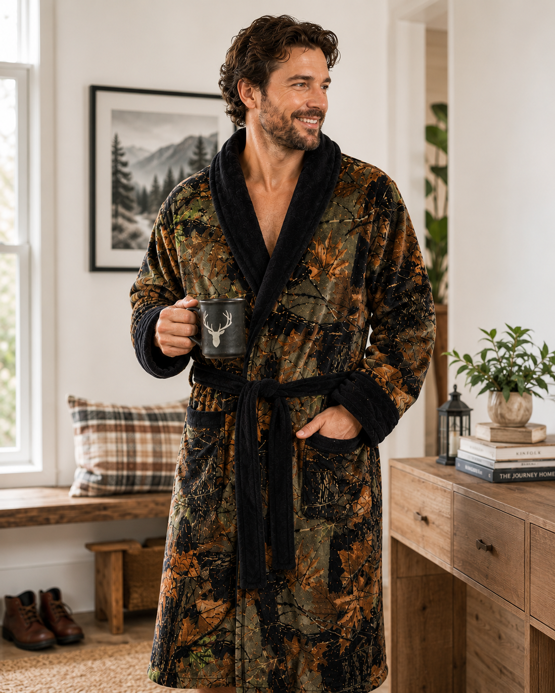 TrailCrest by Treel Men's Camo Polar Fleece Plush Bathrobe - with Shawl Collar