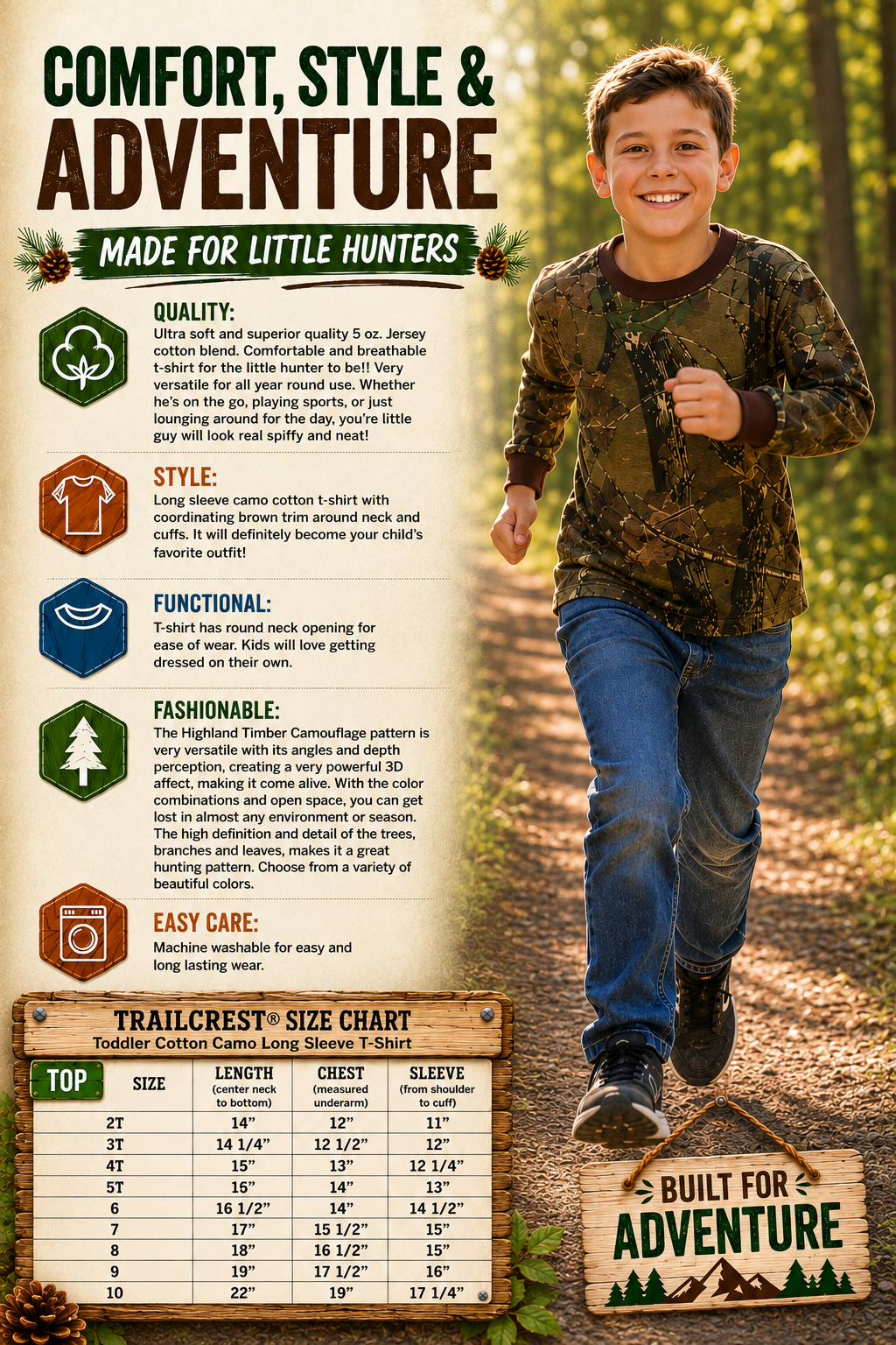 TrailCrest by Treel Toddler Long Sleeve Crew Neck Camo Cotton T-Shirt