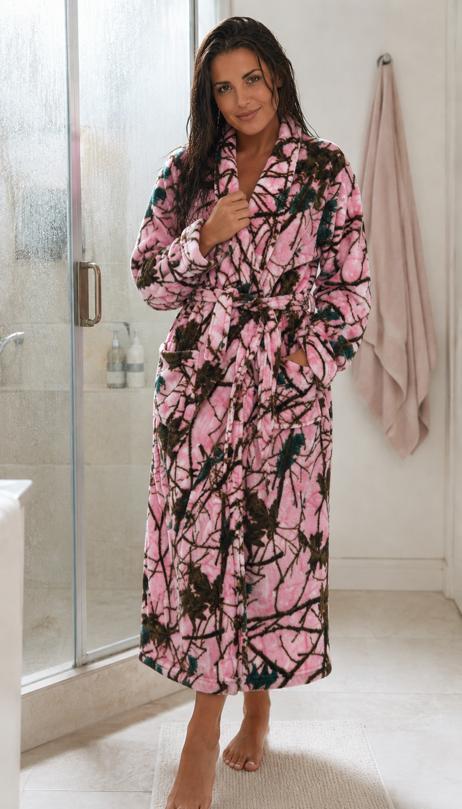 TrailCrest by Treel Women's Pink Camo Polar Fleece Bathrobe Plush House Robe