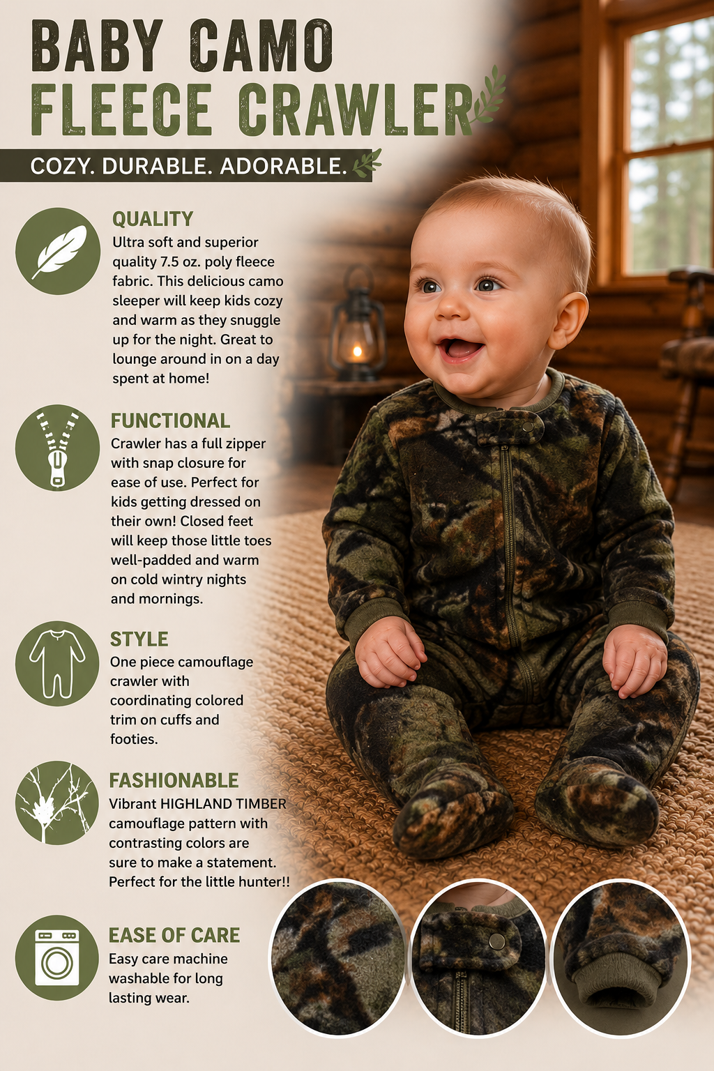 TrailCrest by Treel Infant Camo One Piece Play Footie Fleece Crawler