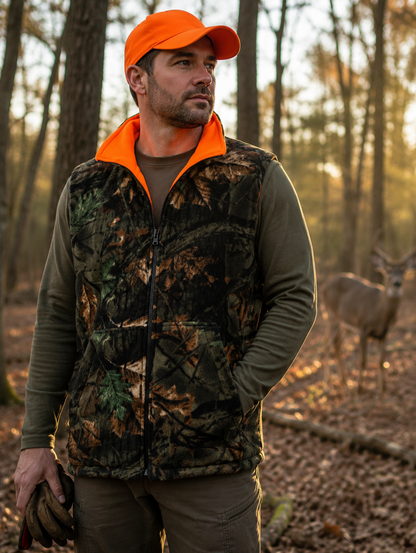 TrailCrest by Treel Men's Reversible Buffalo Red Plaid & Safety Blaze Orange Outdoorsman Workwear Vest