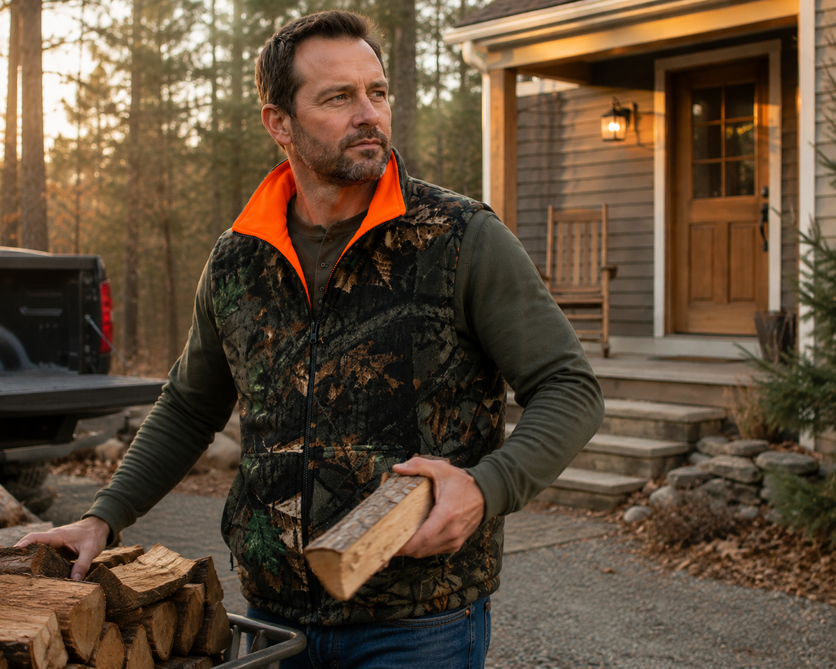 TrailCrest by Treel Men's Reversible Buffalo Red Plaid & Safety Blaze Orange Outdoorsman Workwear Vest