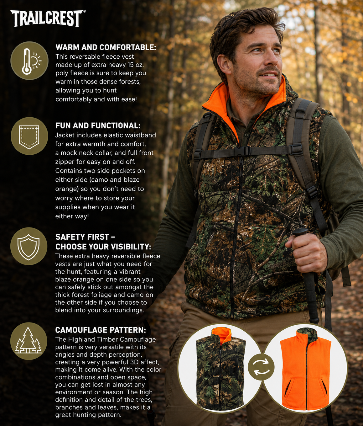 TrailCrest by Treel Men's Reversible Buffalo Red Plaid & Safety Blaze Orange Outdoorsman Workwear Vest