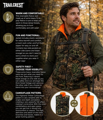 TrailCrest by Treel Men's Reversible Buffalo Red Plaid & Safety Blaze Orange Outdoorsman Workwear Vest