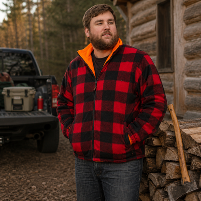 TrailCrest by Treel Men's Buffalo Plaid & Safety Blaze Orange Reversible Outdoorsman Workwear Jacket