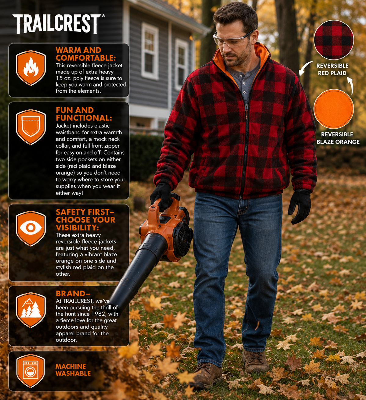 TrailCrest by Treel Men's Buffalo Plaid & Safety Blaze Orange Reversible Outdoorsman Workwear Jacket