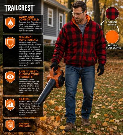 TrailCrest by Treel Men's Buffalo Plaid & Safety Blaze Orange Reversible Outdoorsman Workwear Jacket