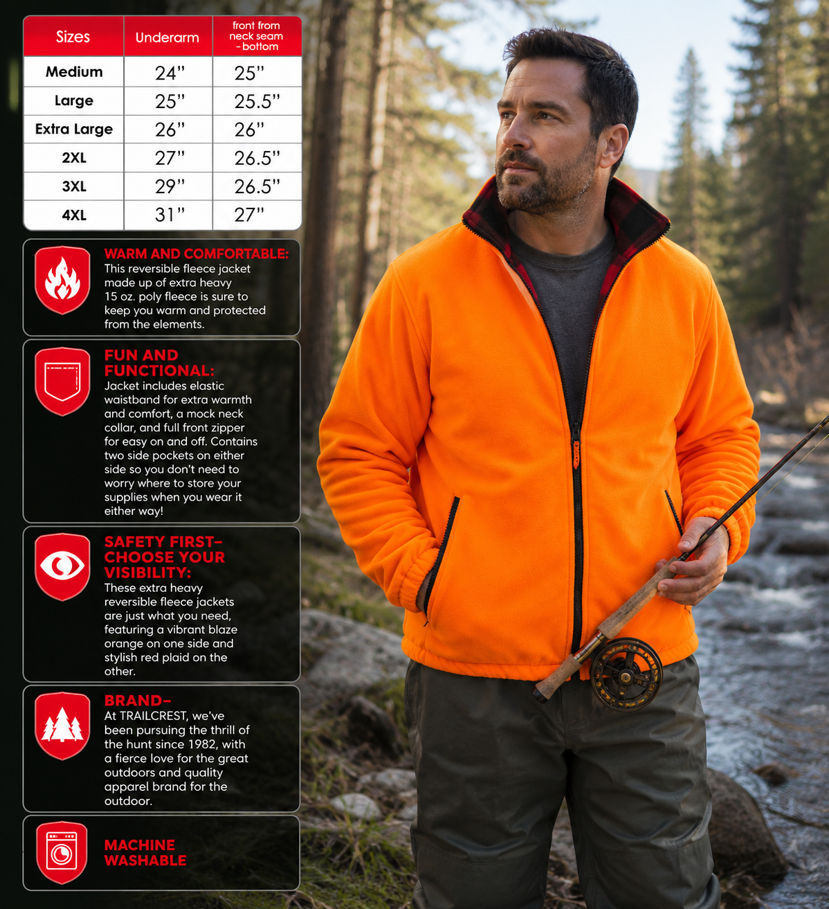 TrailCrest by Treel Men's Buffalo Plaid & Safety Blaze Orange Reversible Outdoorsman Workwear Jacket