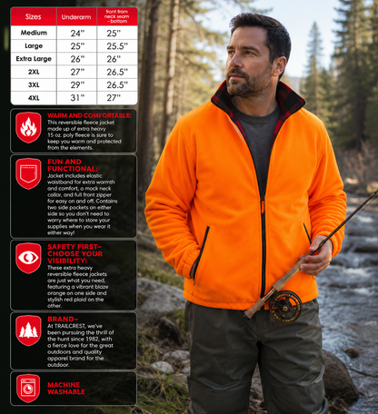 TrailCrest by Treel Men's Buffalo Plaid & Safety Blaze Orange Reversible Outdoorsman Workwear Jacket