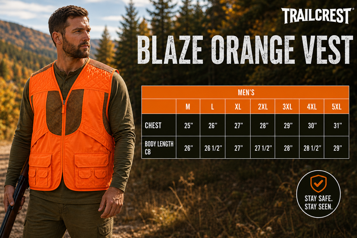 TrailCrest by Treel Mens Upland Safety Deluxe Blaze Orange Safety Front Loader High VisibilityVest - Deer Hunting Construction Engineers