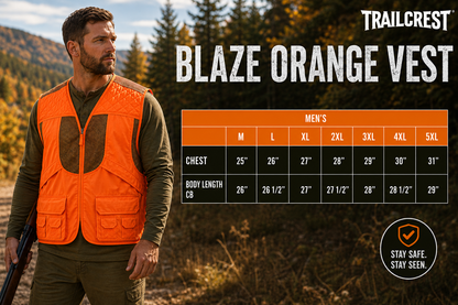 TrailCrest by Treel Mens Upland Safety Deluxe Blaze Orange Safety Front Loader High VisibilityVest - Deer Hunting Construction Engineers