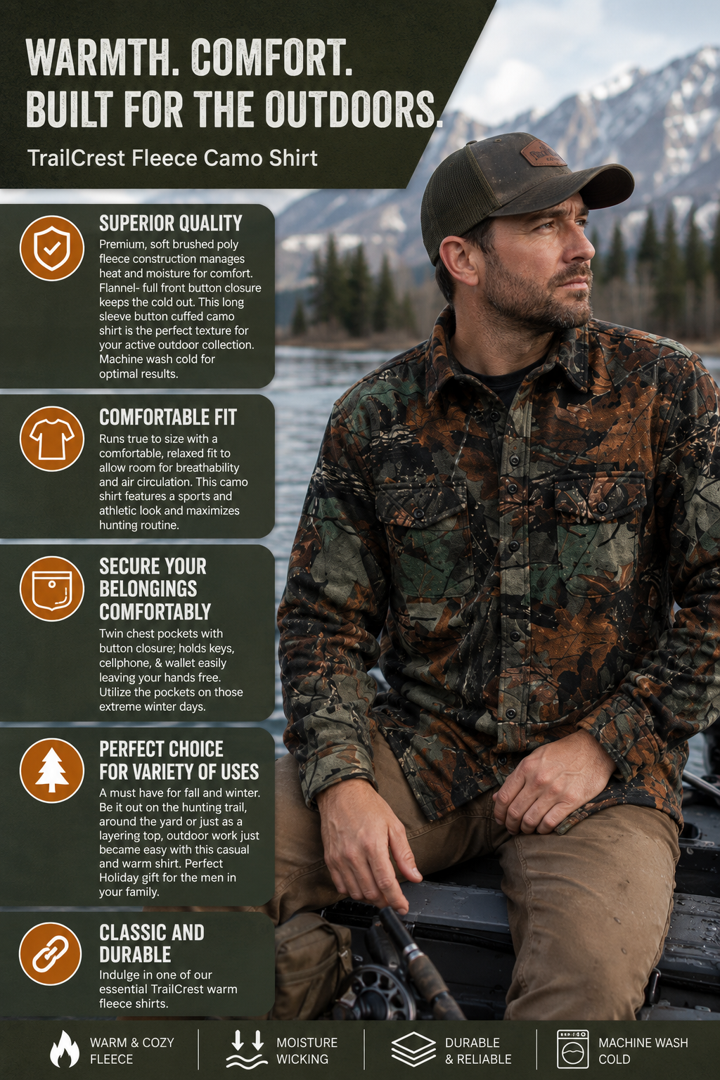 TrailCrest by Treel Mens Camo Fleece Button Up Hunting Shirt