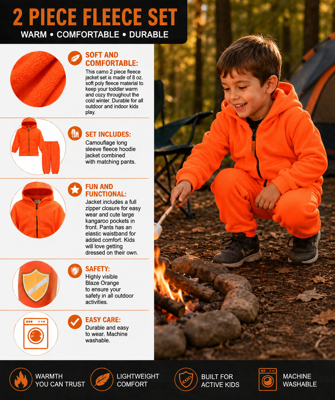 TrailCrest by Treel Toddler Safety Blaze Orange Full Zip Hoody Sweatshirt Fleece Jacket & Pants Set
