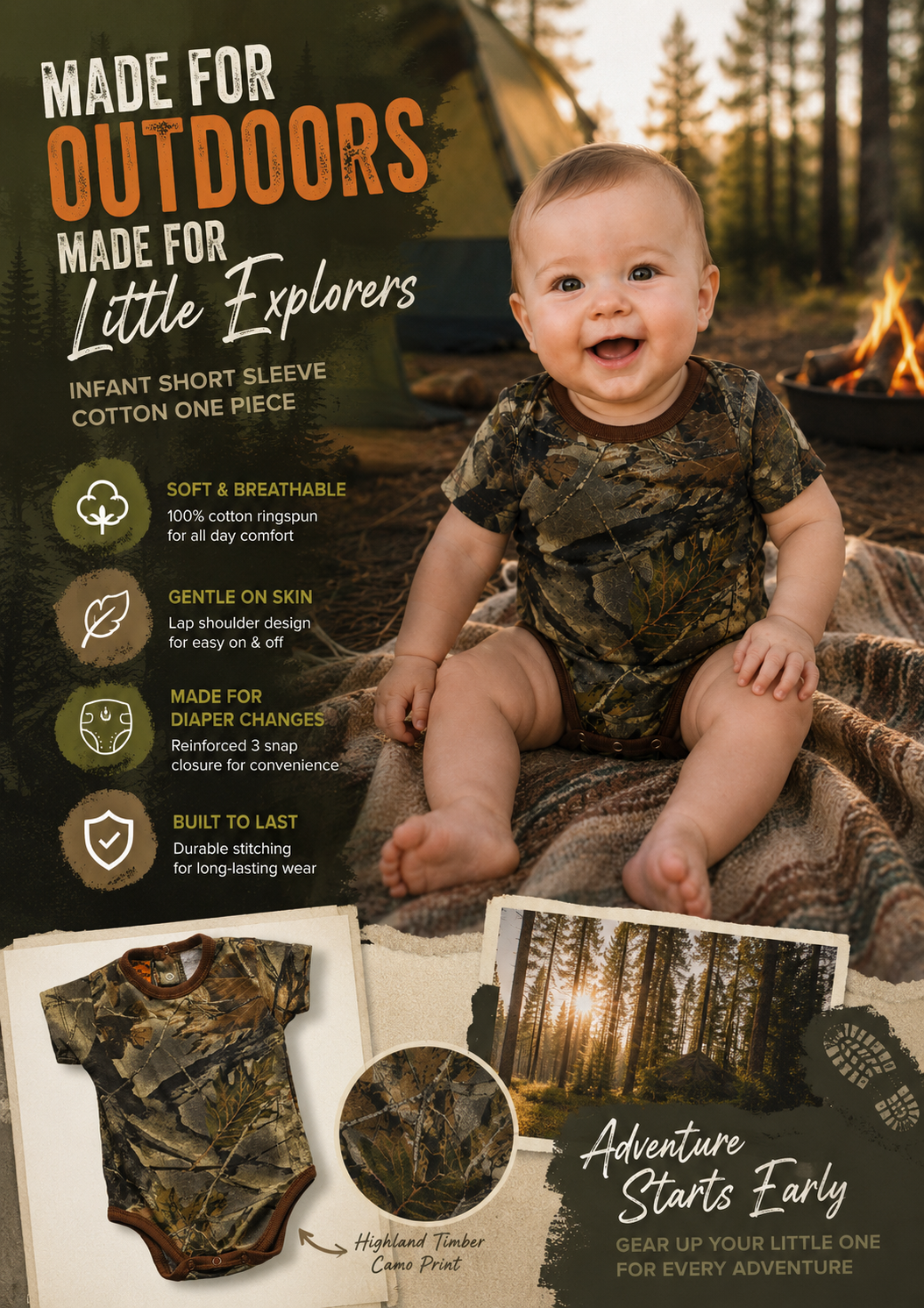 TrailCrest by Treel Newborn Baby Infant Camo Undershirt- Short Sleeve Romper Bodysuit