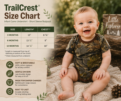 TrailCrest by Treel Newborn Baby Infant Camo Undershirt- Short Sleeve Romper Bodysuit