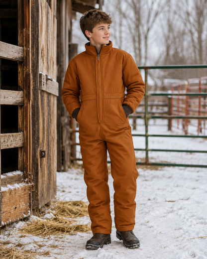 Kids Insulated Mossy Oak / Duck Brown Canvas Work Coveralls for Outdoor Winter