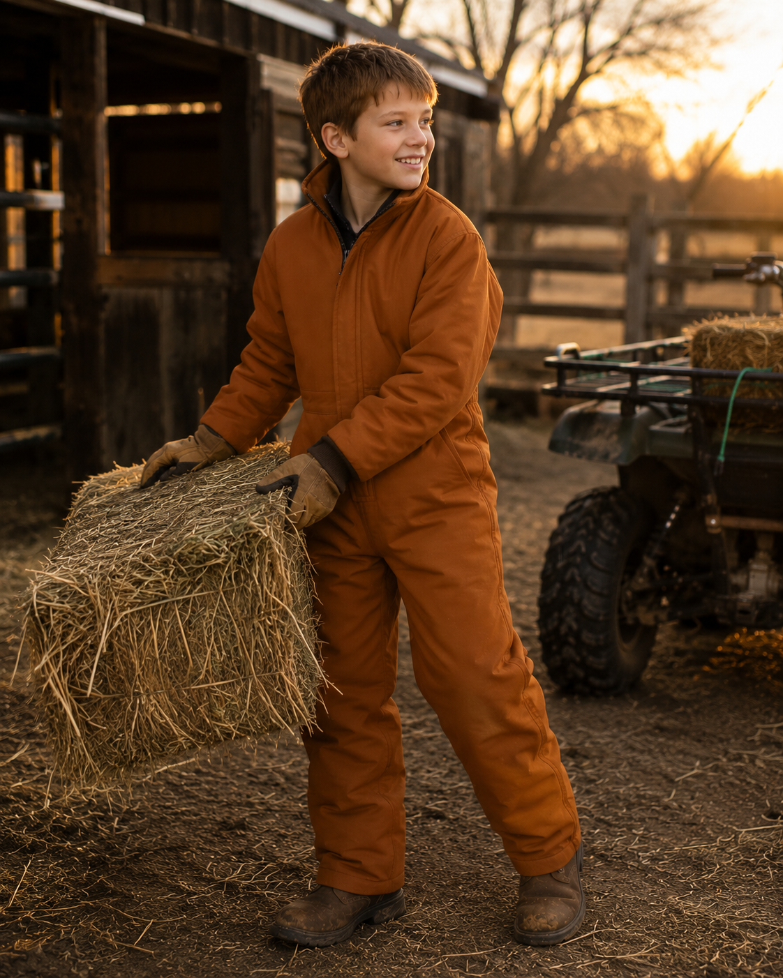 Kids Insulated Mossy Oak / Duck Brown Canvas Work Coveralls for Outdoor Winter