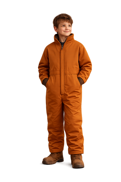 Kids Insulated Mossy Oak / Duck Brown Canvas Work Coveralls for Outdoor Winter