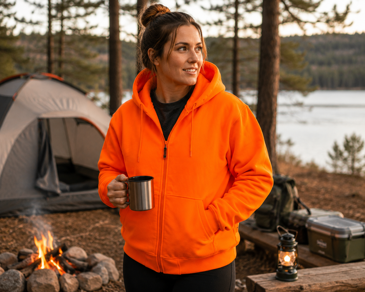 TrailCrest by Treel Orange Safety Full Zip High Visibility Thick Fleece Hooded Sweatshirt Hunting Jacket