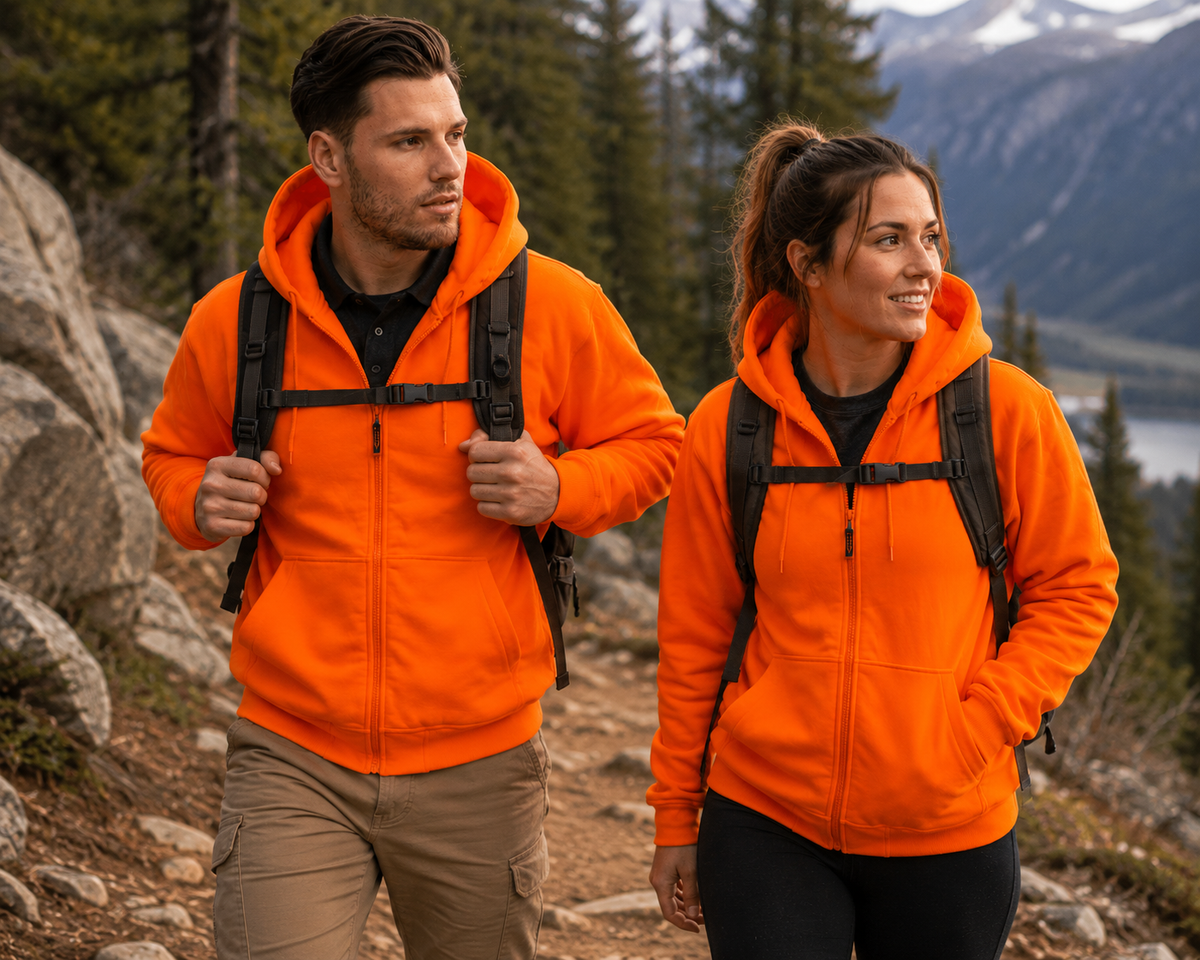 TrailCrest by Treel Orange Safety Full Zip High Visibility Thick Fleece Hooded Sweatshirt Hunting Jacket