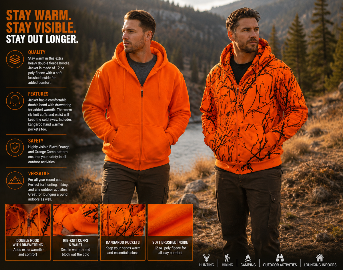TrailCrest by Treel Orange Safety Full Zip High Visibility Thick Fleece Hooded Sweatshirt Hunting Jacket