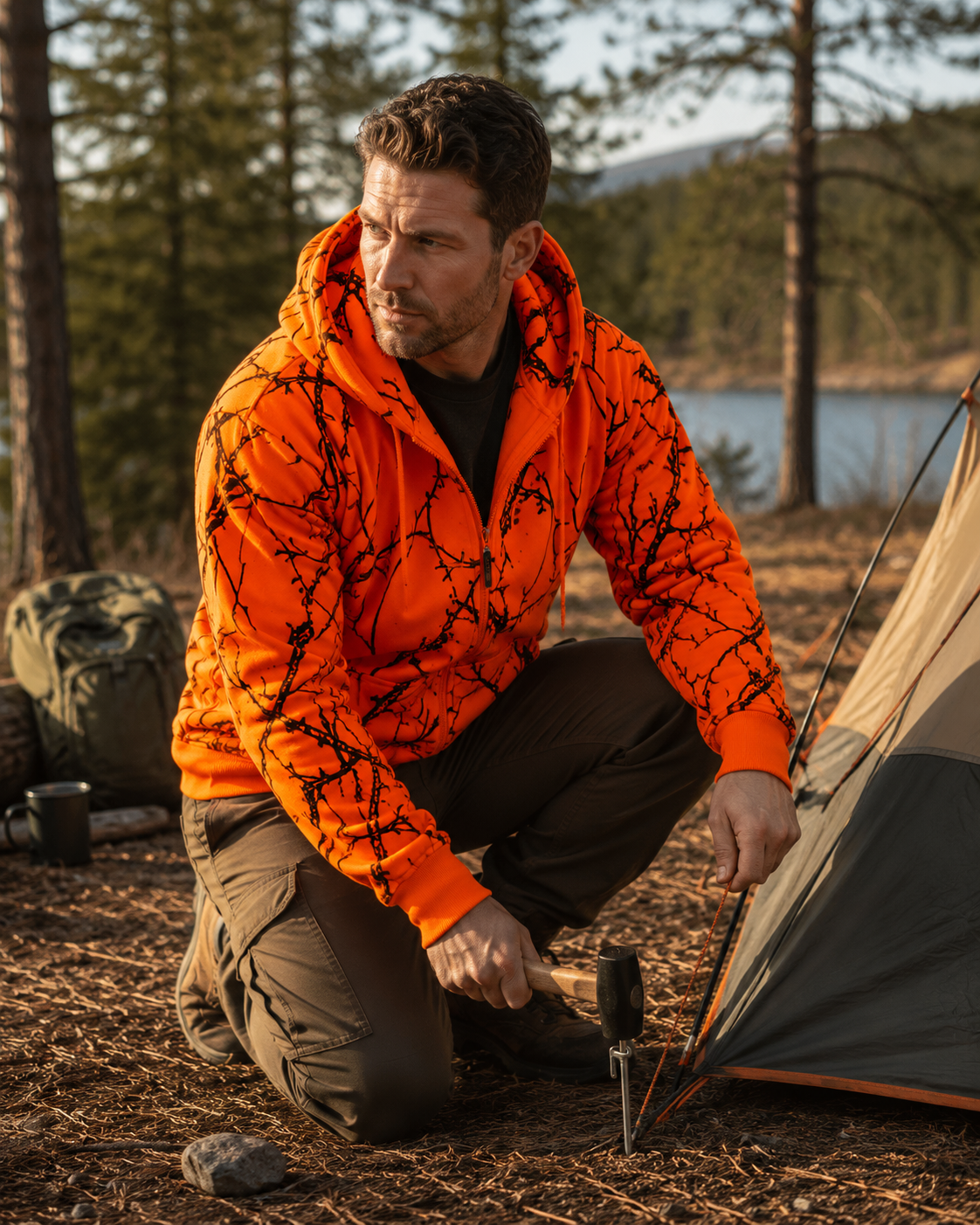 TrailCrest by Treel Orange Safety Full Zip High Visibility Thick Fleece Hooded Sweatshirt Hunting Jacket