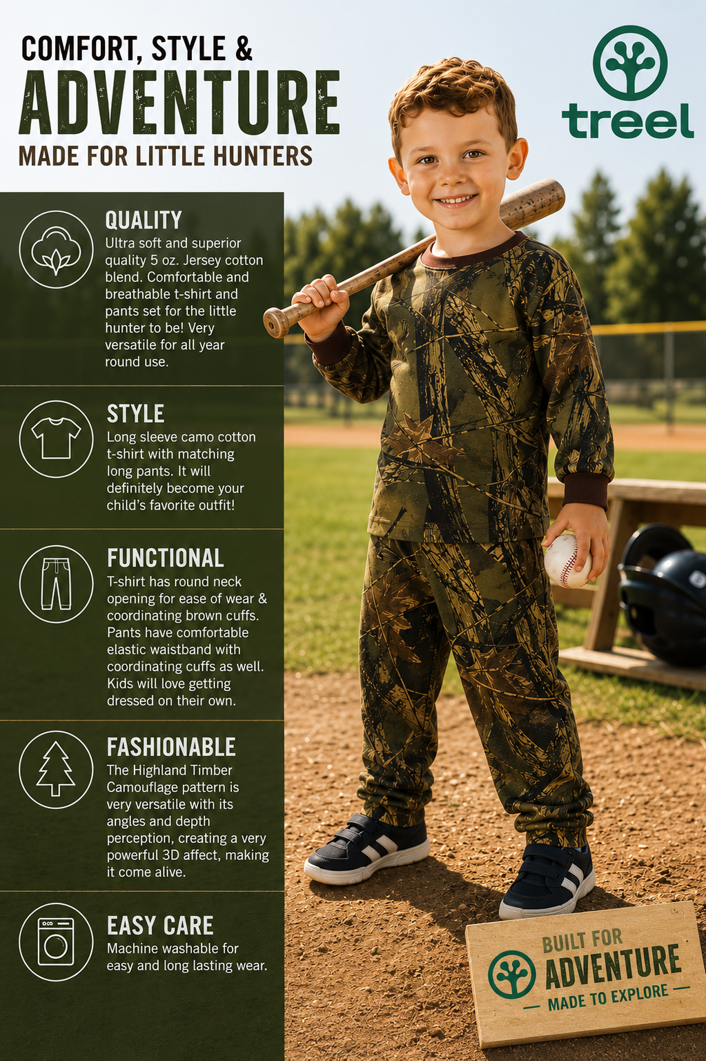 Trailcrest by Treel Infant-Toddler Cotton Camo Long Sleeve T-Shirt and Long Pants Set