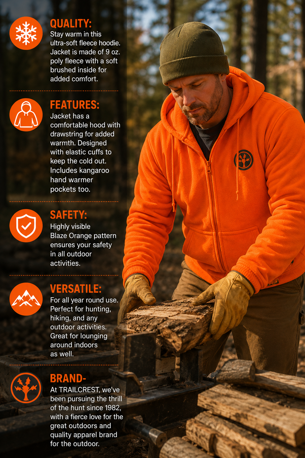 TrailCrest by Treel Chambliss Full Zip Safety Blaze Orange Sweatshirt Hoody