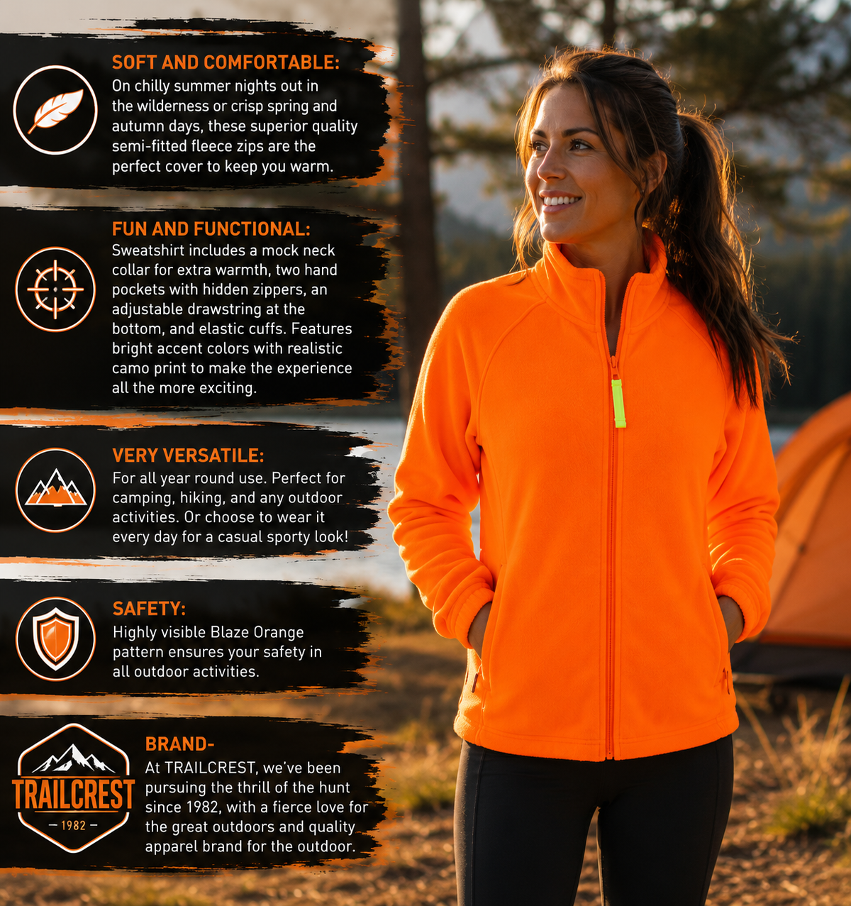 TrailCrest by Treel Women's Semi-Fitted Blaze Orange Full Zip 12 Oz. Fleece Jacket