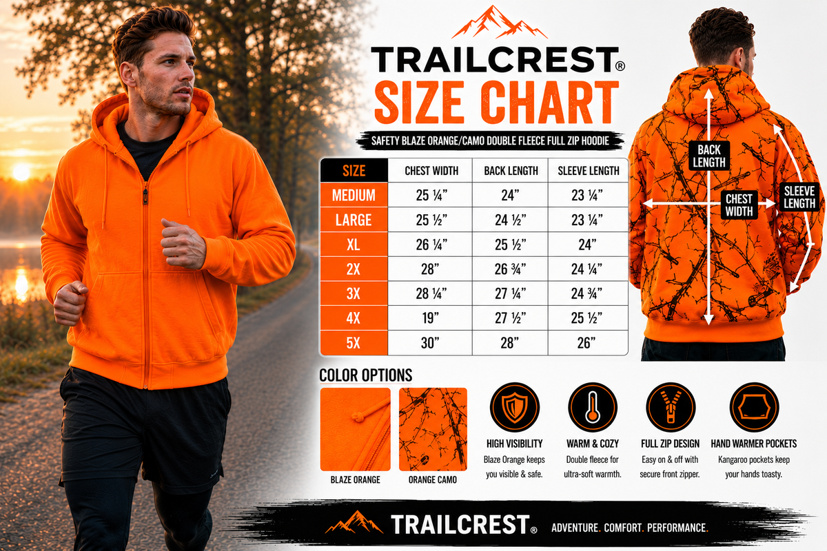 TrailCrest by Treel Orange Safety Full Zip High Visibility Thick Fleece Hooded Sweatshirt Hunting Jacket