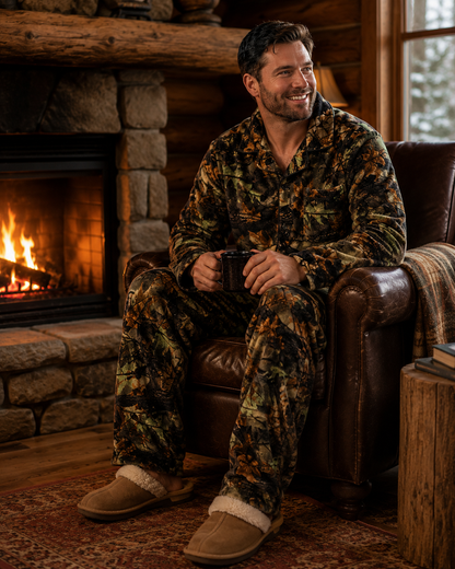 TrailCrest by Treel Camo Soft Plush Fleece Button Down Long Sleeve Shirt & Pants Pajama Lounge Set