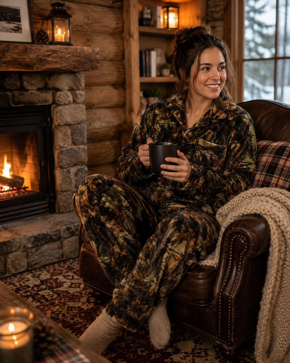 TrailCrest by Treel Camo Soft Plush Fleece Button Down Long Sleeve Shirt & Pants Pajama Lounge Set
