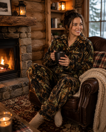 TrailCrest by Treel Camo Soft Plush Fleece Button Down Long Sleeve Shirt & Pants Pajama Lounge Set