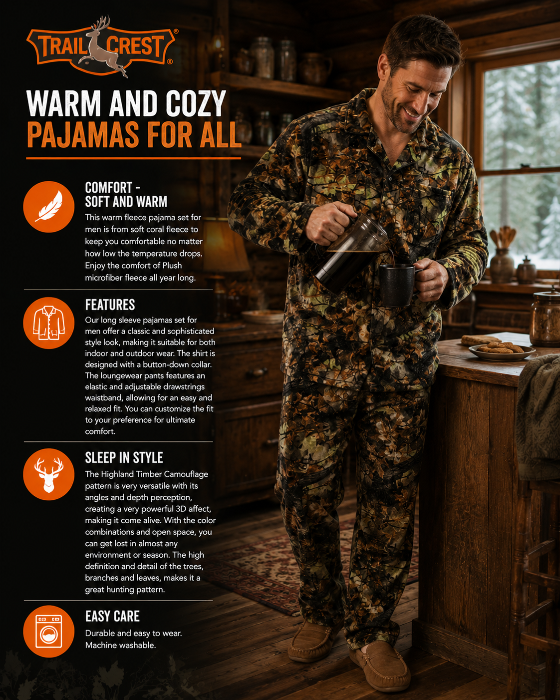 TrailCrest by Treel Camo Soft Plush Fleece Button Down Long Sleeve Shirt & Pants Pajama Lounge Set