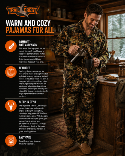 TrailCrest by Treel Camo Soft Plush Fleece Button Down Long Sleeve Shirt & Pants Pajama Lounge Set